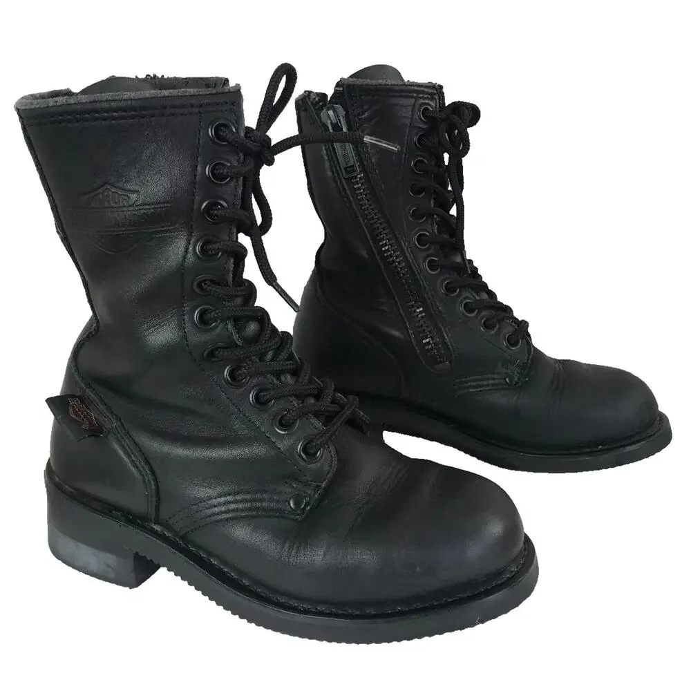 VINTAGE Harley Davidson Black Leather Combat Boots Lace Zip Up 5 Oil Resistant